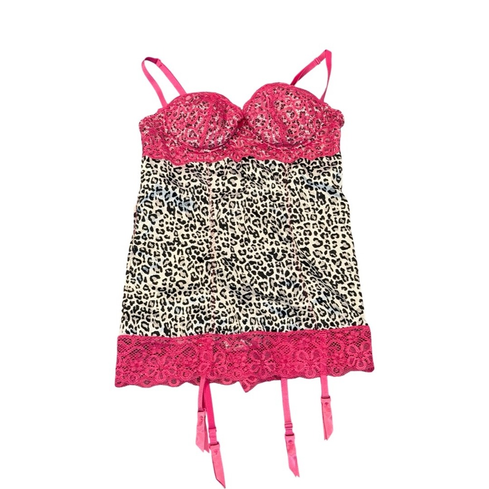 Fredericks of Hollywood Leopard Print Pink Lace Garter Babydoll Chemise Medium